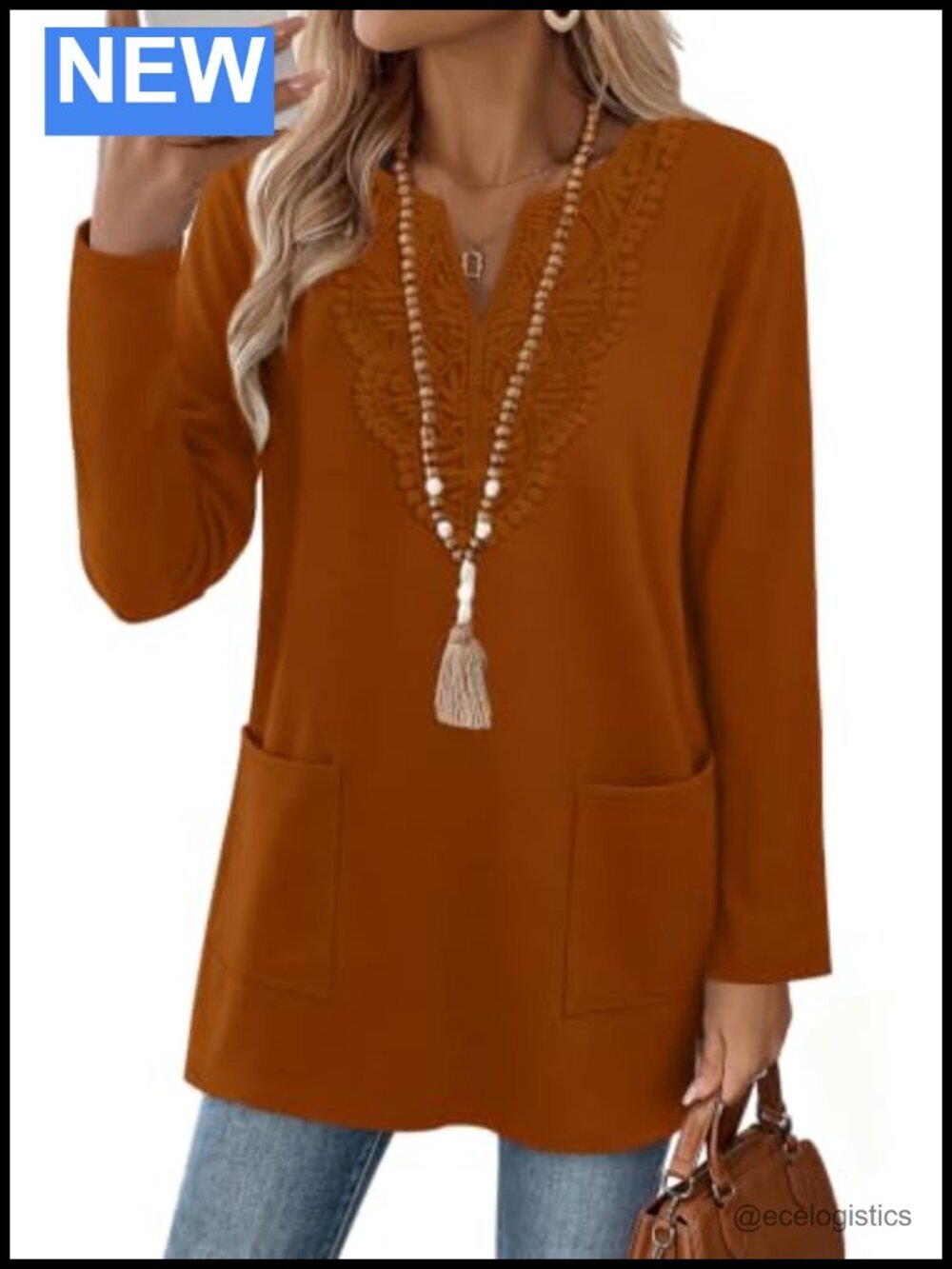 Boho Lace V Neck Long Sleeve Tunic Top with Pockets